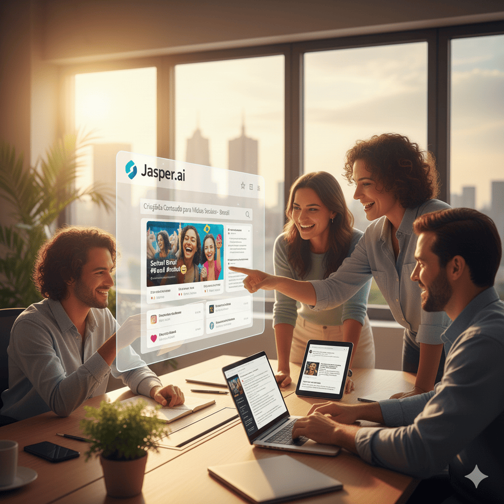 IA gerando conteúdo de mídia social para audiência brasileira