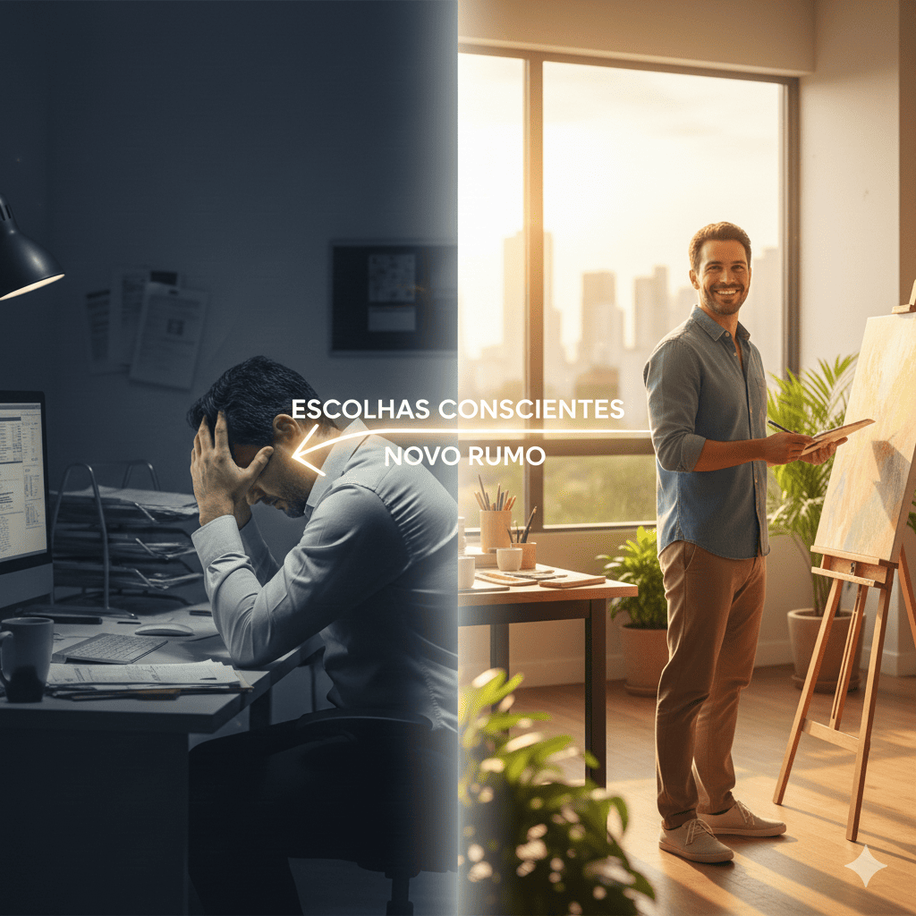 Profissional experienciando transformação de carreira através de escolhas conscientes